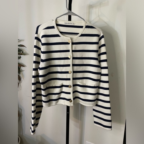 Abercrombie & Fitch LuxeLoft Crew Sweater Cardigan Jacket Dark Indigo Strips LG - Picture 4 of 7